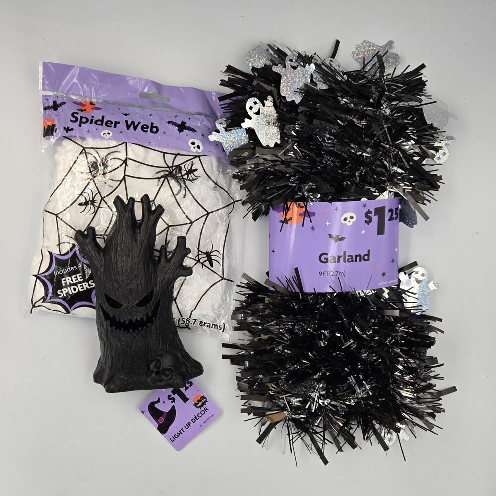 Lot of Three Halloween Decorations Light Up Tree, Spider Web, and Tinsel
